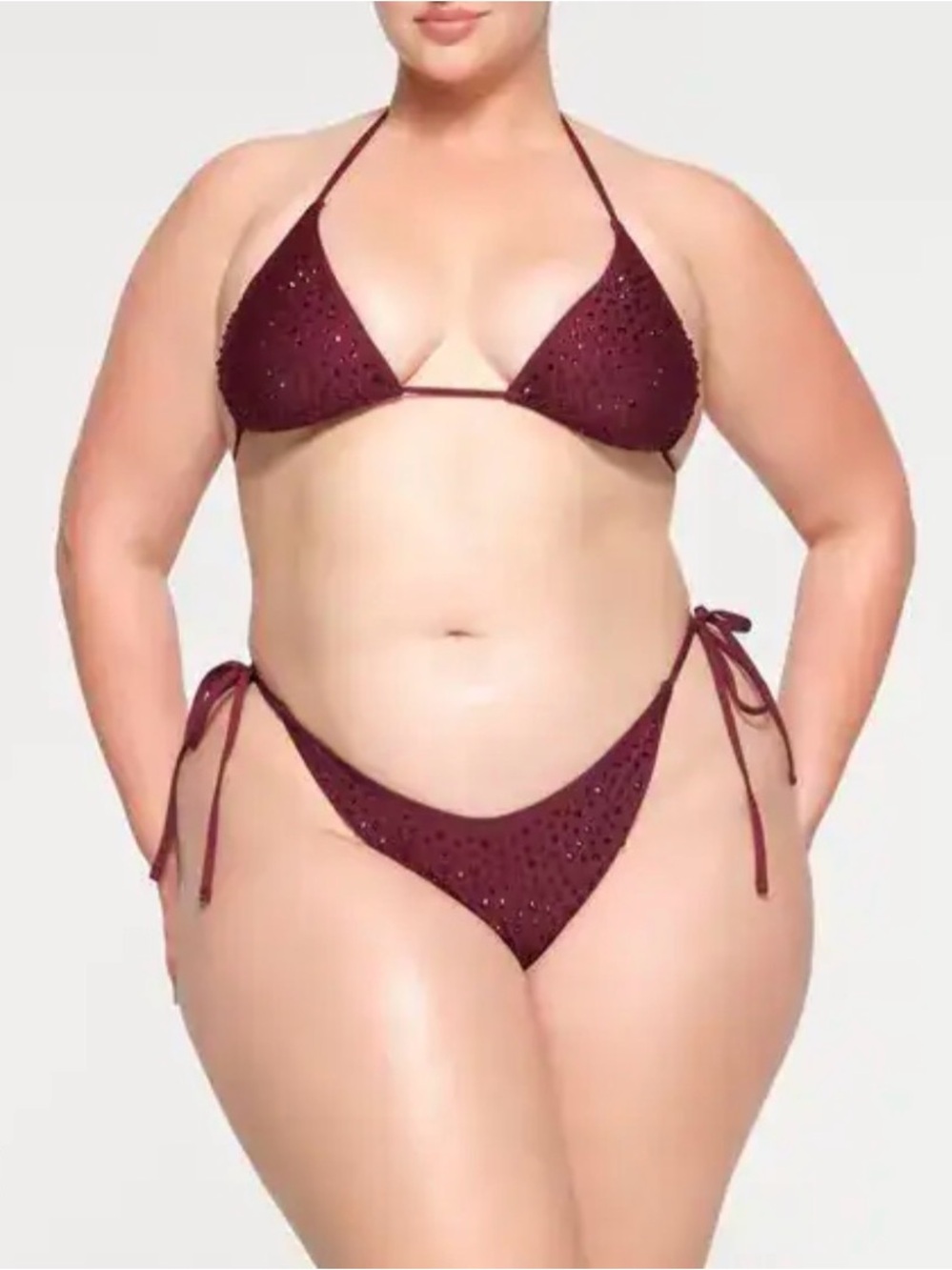 NWT SKIMS Burgundy Rhinestone Tie Bikini Set